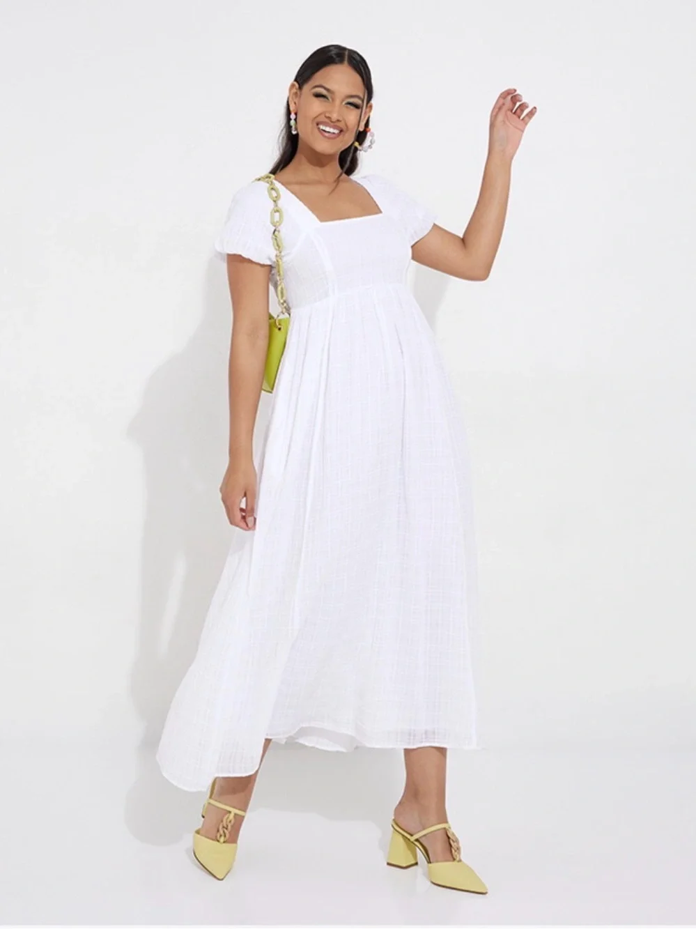 American Eagle Square Neck White Maxi Dress with Puff Sleeves
